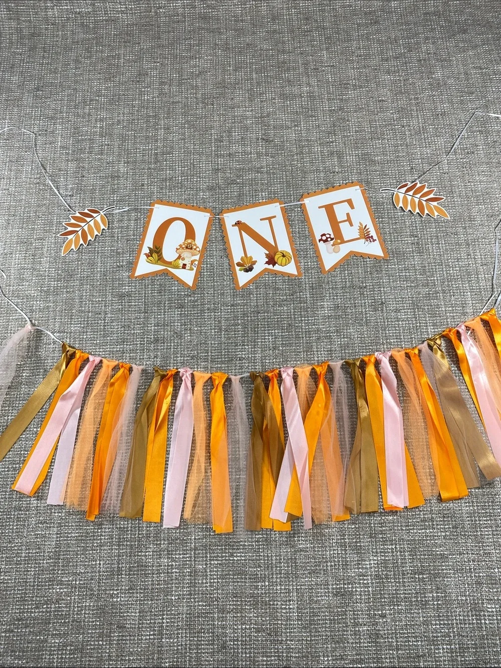 ONE Banner birthday Orange Ribbon Tassel Garland - Party Decoration nature fall